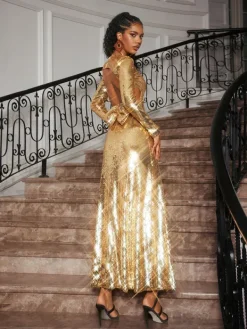 Dresses|Maxi Dresses*Mew Mews Fashion Aadya Long Sleeve Bow Sequin Maxi Dress
