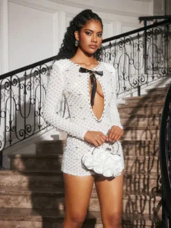 Dresses|Mini Dresses*Mew Mews Fashion Aarnay Rhinestone Bow Pearl Mini Dress