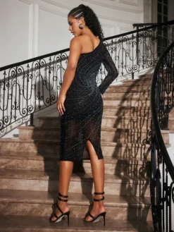 Dresses|Midi Dresses*Mew Mews Fashion Abene One Shoulder Crystal Mesh Midi Dress