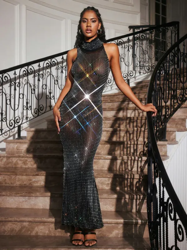 Dresses|Maxi Dresses*Mew Mews Fashion Abetzi Sleeveless Rhinestone Mesh Maxi Dress