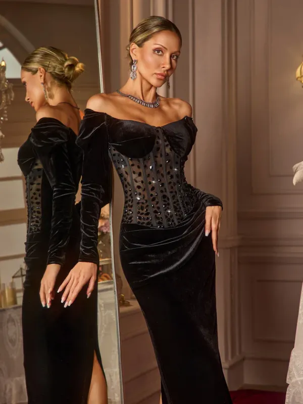 Dresses|Maxi Dresses*Mew Mews Fashion Abihail Off Shoulder Rhinestone Velvet Maxi Dress