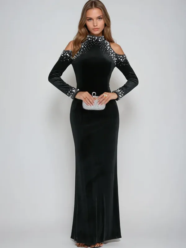 Dresses|Maxi Dresses*Mew Mews Fashion Aceso Long Sleeve Pearl Crystal Velvet Dress