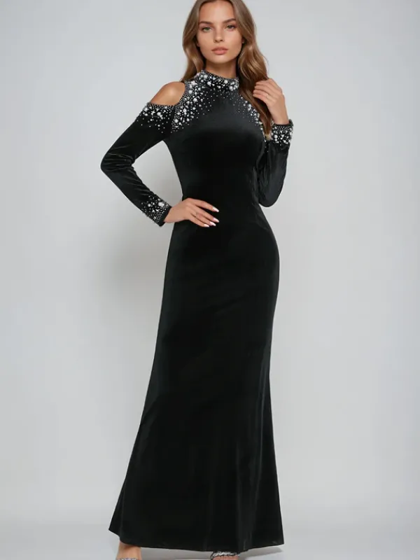Dresses|Maxi Dresses*Mew Mews Fashion Aceso Long Sleeve Pearl Crystal Velvet Dress