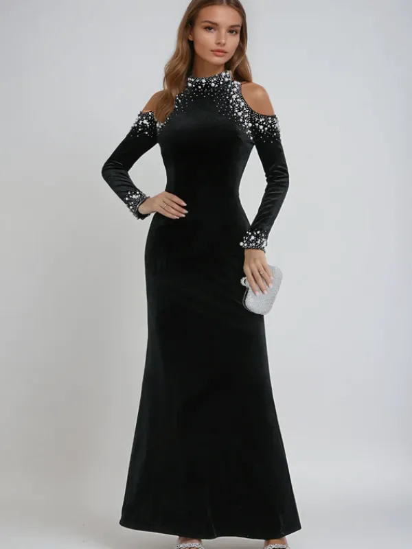 Dresses|Maxi Dresses*Mew Mews Fashion Aceso Long Sleeve Pearl Crystal Velvet Dress