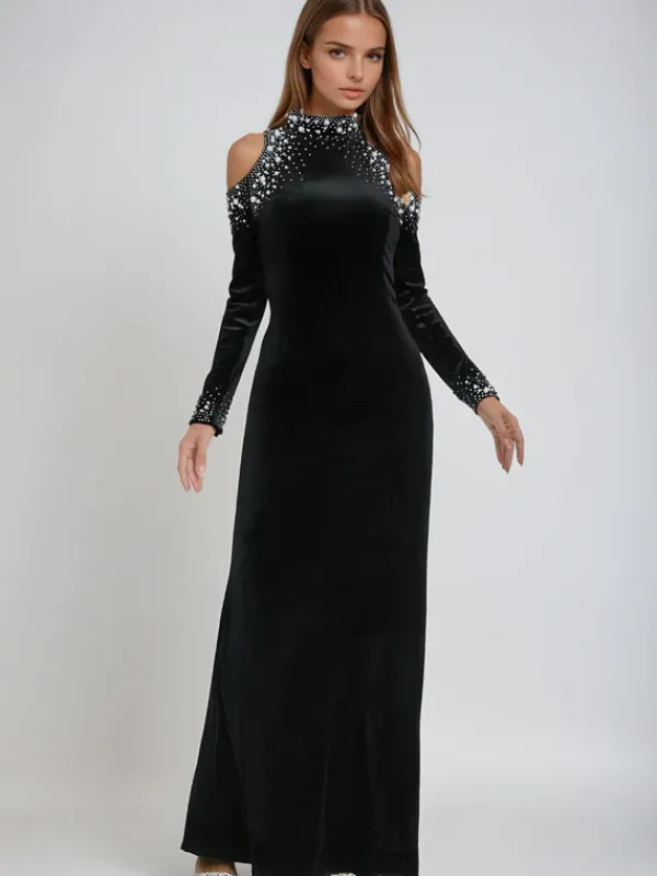 Dresses|Maxi Dresses*Mew Mews Fashion Aceso Long Sleeve Pearl Crystal Velvet Dress