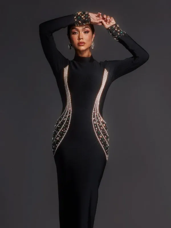 Dresses|Maxi Dresses*Bandage Adica Long Sleeve Rhinestone Maxi Dress
