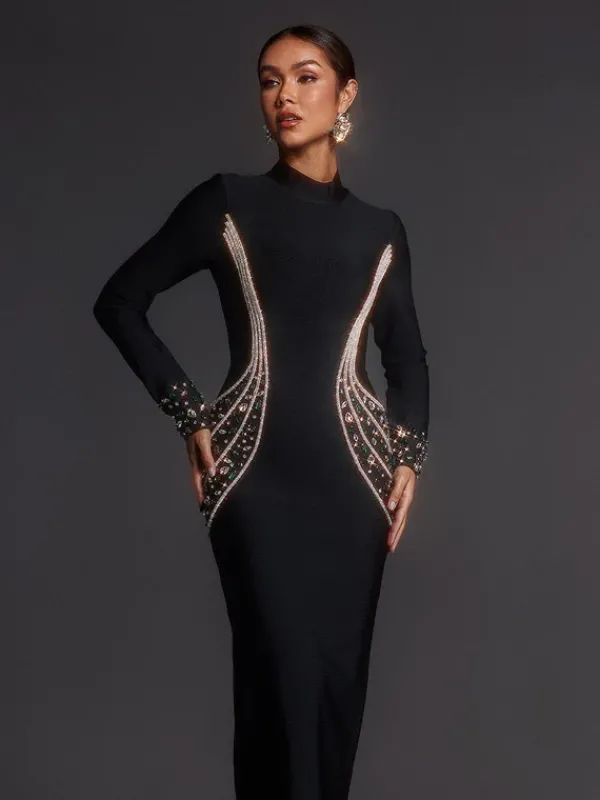 Dresses|Maxi Dresses*Bandage Adica Long Sleeve Rhinestone Maxi Dress