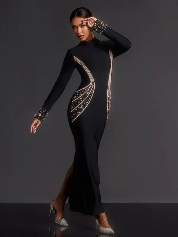 Dresses|Maxi Dresses*Bandage Adica Long Sleeve Rhinestone Maxi Dress