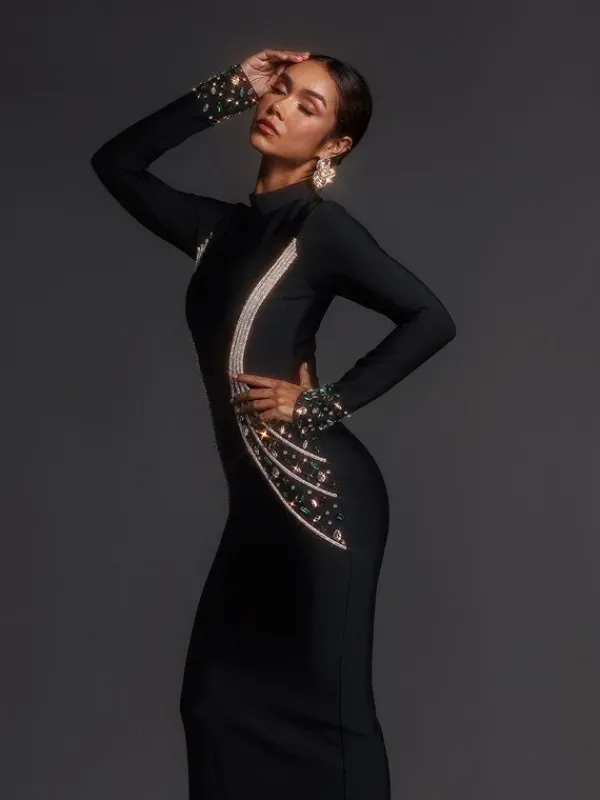 Dresses|Maxi Dresses*Bandage Adica Long Sleeve Rhinestone Maxi Dress