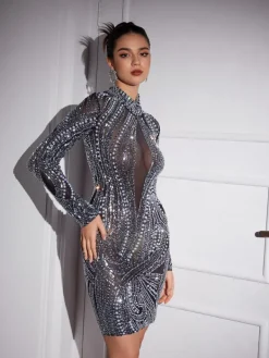 Embellishment|Dresses*Embellishment Adira Long Sleeve Rhinsetone Embellished Mini Dress