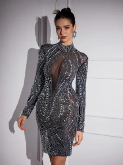 Embellishment|Dresses*Embellishment Adira Long Sleeve Rhinsetone Embellished Mini Dress