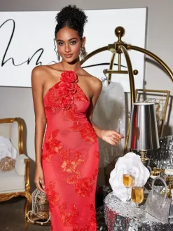 Dresses|Maxi Dresses*Mew Mews Fashion Aedin Halterneck Flower Maxi Dress In Red