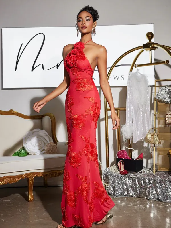 Dresses|Maxi Dresses*Mew Mews Fashion Aedin Halterneck Flower Maxi Dress In Red