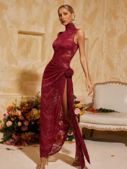 Dresses|Maxi Dresses*Mew Mews Fashion Aelithra High Neck Split Flower Maxi Dress In Wine