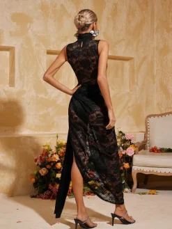 Dresses|Maxi Dresses*Mew Mews Fashion Aelithra High Neck Split Flower Maxi Dress In Black
