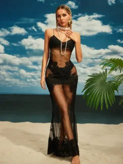 Dresses|Maxi Dresses*Mew Mews Fashion Aerith Lace Mesh Maxi Dress In Black