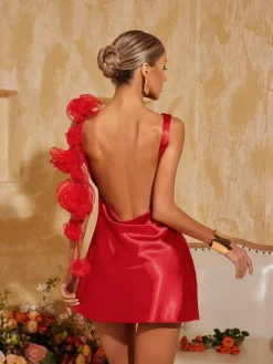 Dresses|Mini Dresses*Mew Mews Fashion Aevorix Backless Flower Satin Mini Dress In Red