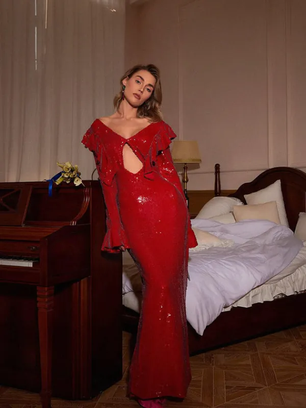 Dresses*Mew Mews Fashion Ailana Flared Sleeves Cutout Sequin Maxi Dress