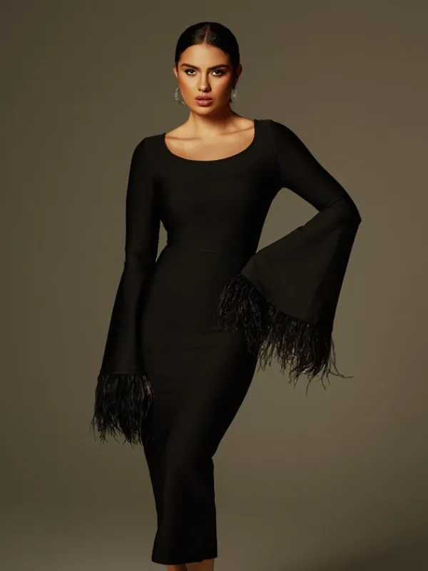 Dresses|Midi Dresses*Bandage Ailyn Round Neck Feather Midi Dress
