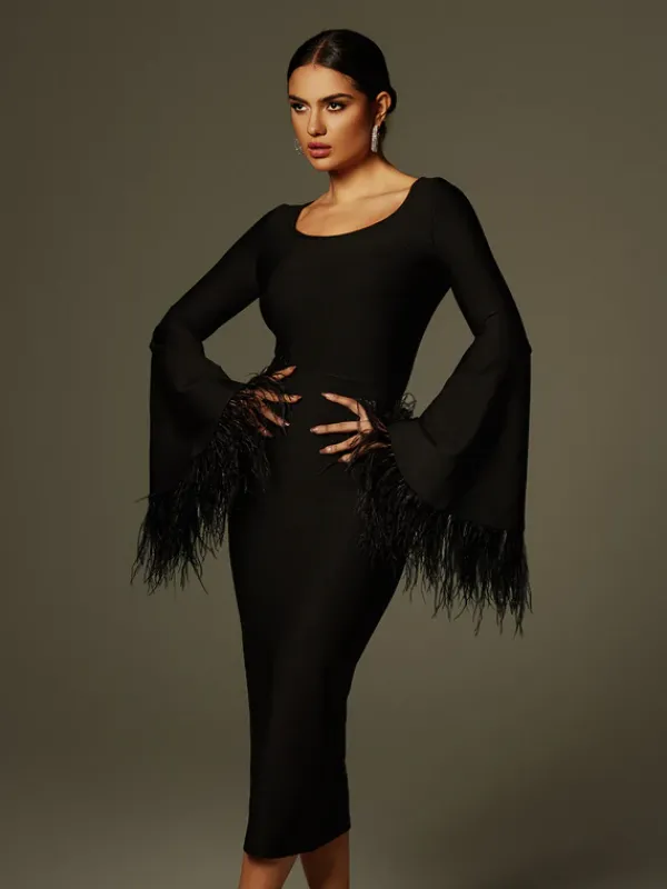 Dresses|Midi Dresses*Bandage Ailyn Round Neck Feather Midi Dress