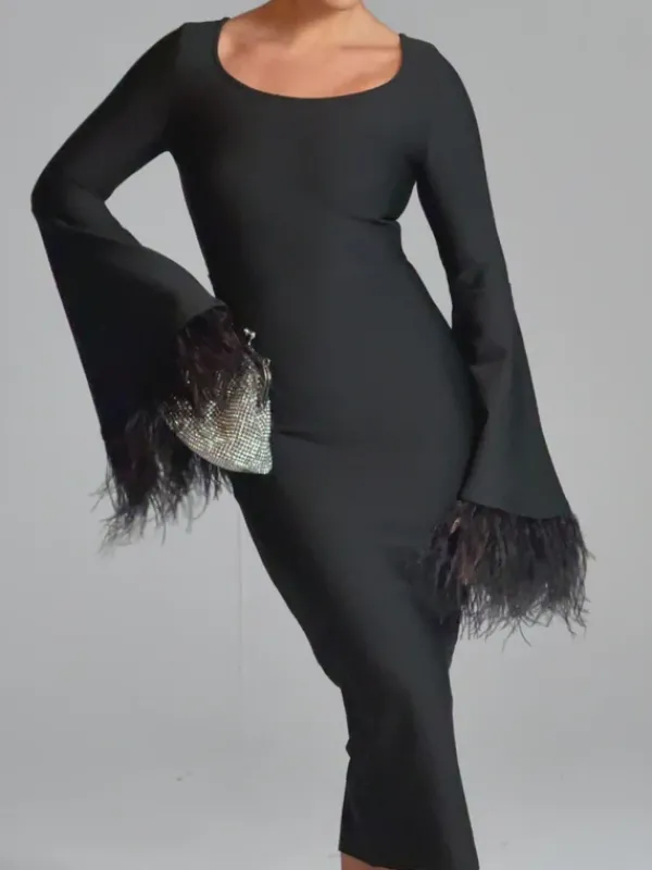 Dresses|Midi Dresses*Bandage Ailyn Round Neck Feather Midi Dress