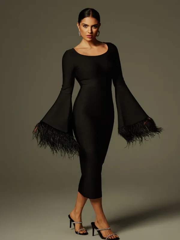 Dresses|Midi Dresses*Bandage Ailyn Round Neck Feather Midi Dress