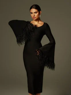 Dresses|Midi Dresses*Bandage Ailyn Round Neck Feather Midi Dress