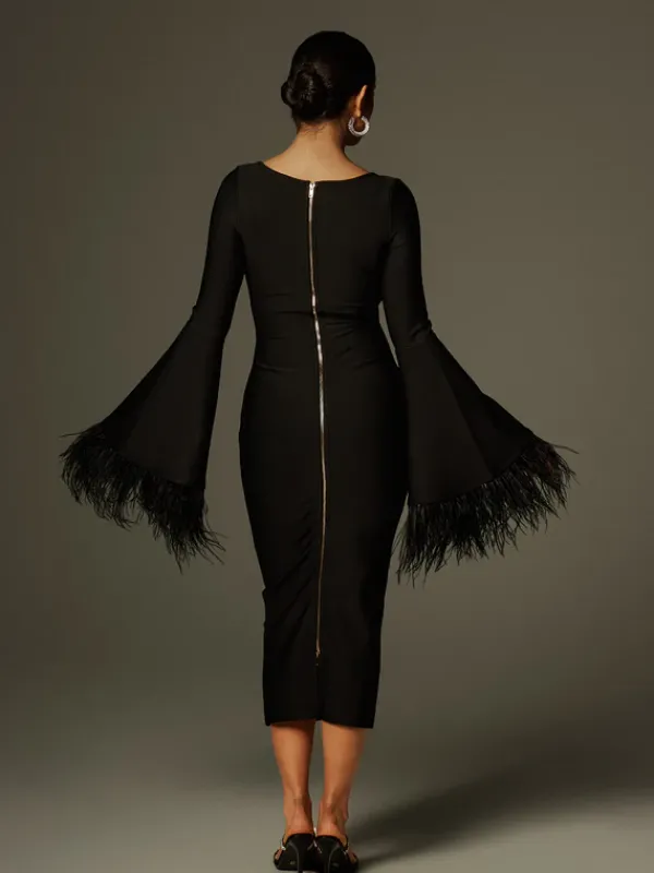 Dresses|Midi Dresses*Bandage Ailyn Round Neck Feather Midi Dress