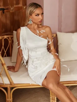Dresses*Mew Mews Fashion Airi One Shoulder Feather Satin Dress