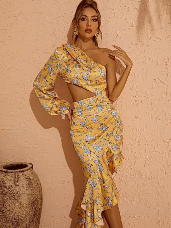 Dresses|Maxi Dresses*Mew Mews Fashion Aiyana One Shoulder Floral Maxi Dress In Yellow