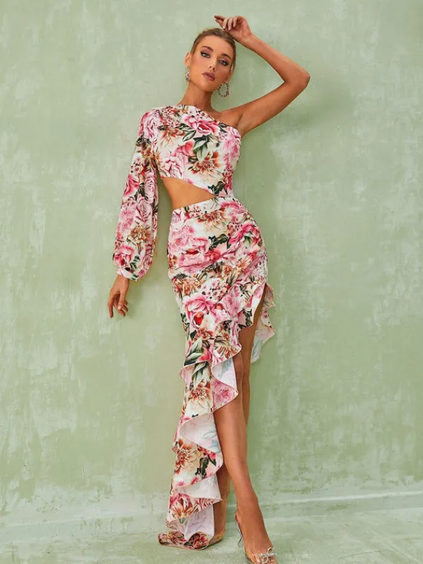 Dresses|Maxi Dresses*Mew Mews Fashion Aiyana One Shoulder Floral Maxi Dress In Pink