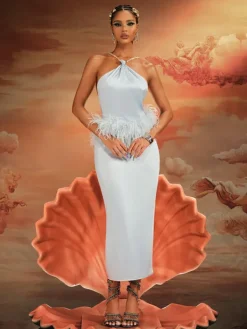 Dresses|Midi Dresses*Mew Mews Fashion Aizza Backless Pearl Fringe Satin Midi Dress