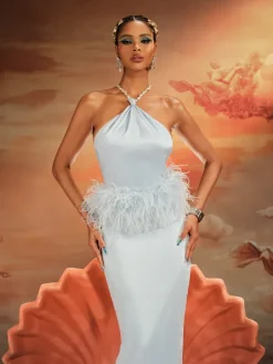 Dresses|Midi Dresses*Mew Mews Fashion Aizza Backless Pearl Fringe Satin Midi Dress