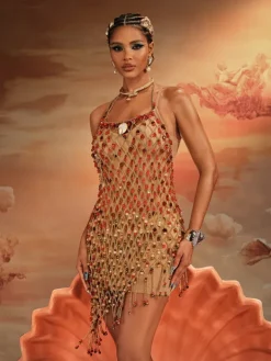 Beaded Wear|Dresses*Mew Mews Fashion O/S Akay Gemstone Beaded Fringe Dress