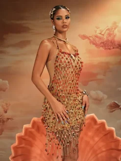 Beaded Wear|Dresses*Mew Mews Fashion O/S Akay Gemstone Beaded Fringe Dress