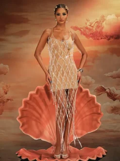 Beaded Wear|Dresses*Mew Mews Fashion O/S Akello Bead Rhinestone Fringe Dress
