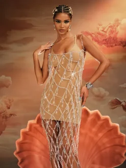 Beaded Wear|Dresses*Mew Mews Fashion O/S Akello Bead Rhinestone Fringe Dress
