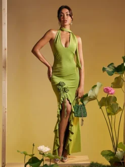 Dresses|Maxi Dresses*Mew Mews Fashion Alara Halterneck Flower Ruffle Maxi Dress In Green