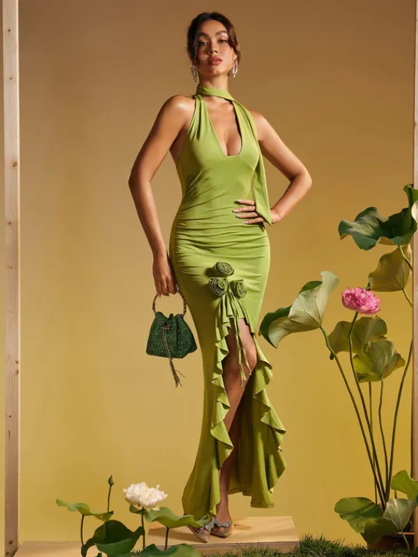 Dresses|Maxi Dresses*Mew Mews Fashion Alara Halterneck Flower Ruffle Maxi Dress In Green