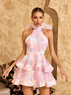 Dresses|Mini Dresses*Mew Mews Alecto Backless Flower Printed Bow Mini Dress