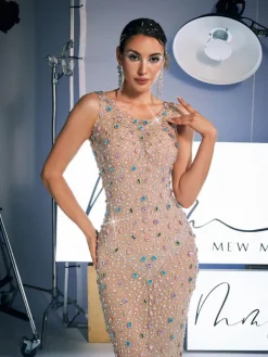 Embellishment|Dresses*Embellishment Alfredo Scoop Neck Rhinestone Maxi Dress