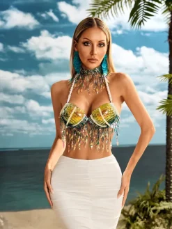 Tops*Mew Mews Algot Pearl Mermaid Scales Fringe Bralette
