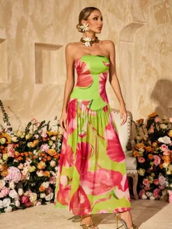 Dresses|Maxi Dresses*Mew Mews Alikae Strapless Printed Split Maxi Dress