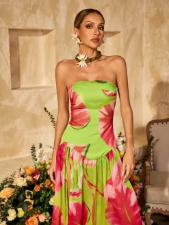 Dresses|Maxi Dresses*Mew Mews Alikae Strapless Printed Split Maxi Dress