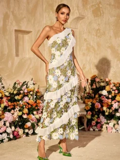 Dresses|Maxi Dresses*Mew Mews Aliona One Shoulder Flower Embroidered Maxi Dress