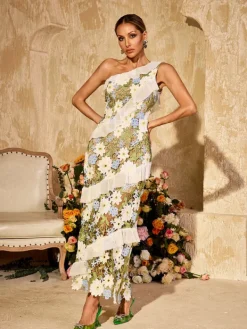 Dresses|Maxi Dresses*Mew Mews Aliona One Shoulder Flower Embroidered Maxi Dress