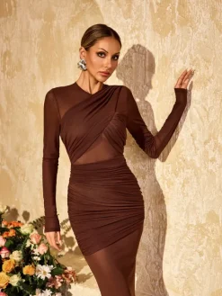 Dresses|Maxi Dresses*Mew Mews Alkas Long Sleeve Ruched Mesh Maxi Dress