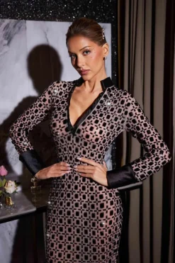 Embellishment|Dresses*Embellishment Allen V Neck Rhinestone Mesh Maxi Dress