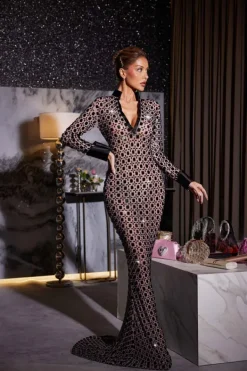 Embellishment|Dresses*Embellishment Allen V Neck Rhinestone Mesh Maxi Dress