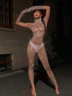 Jumpsuits & Romper*Mew Mews Fashion Ally Rhinestone Mesh Jumpsuit In Dark Nude
